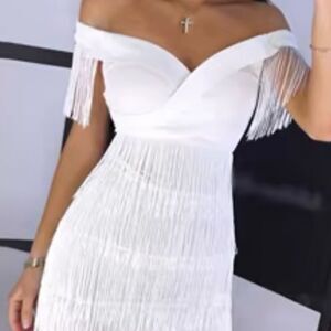 XS White Fringe Off Shoulder Homecoming Mini Dress